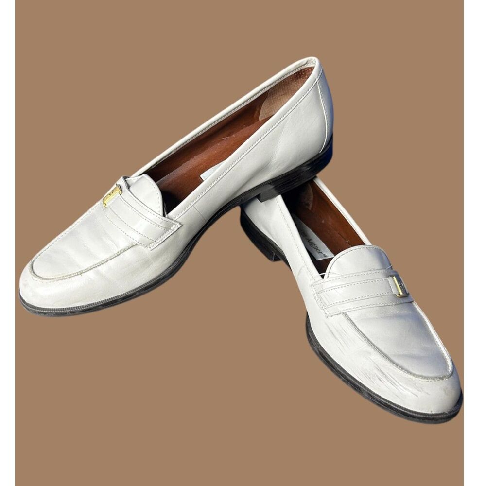 Vtg Etienne Aigner Cream Camelot Chicklet Leather Loafer 7.5N Neutral Minimalist